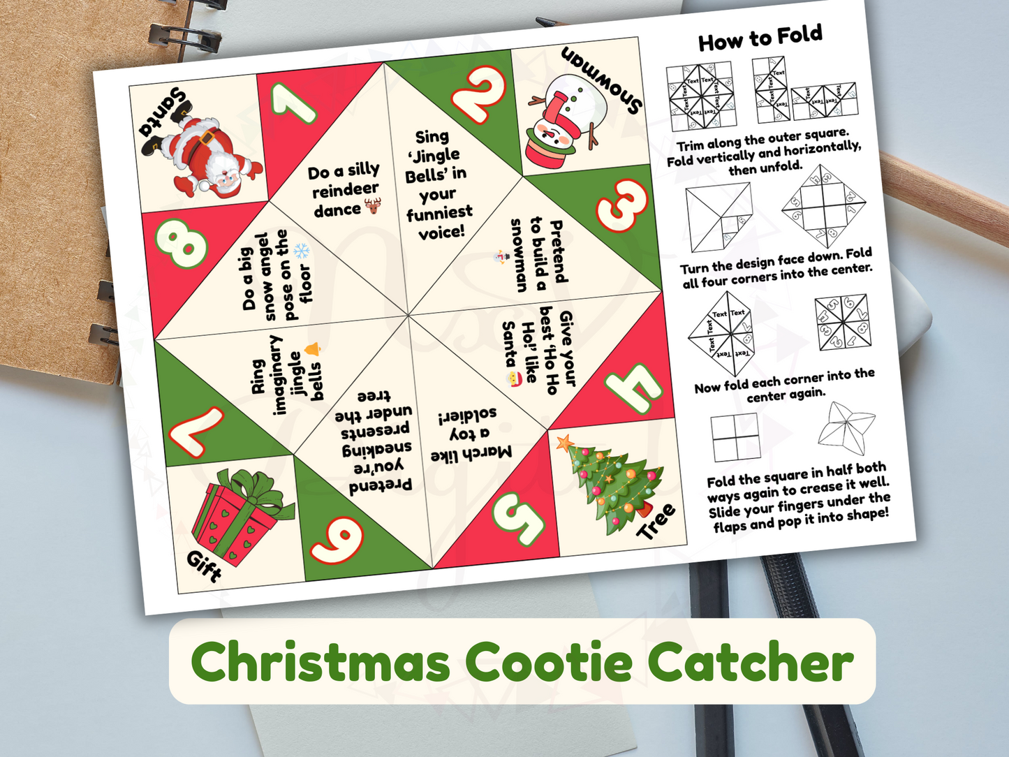Christmas cootie catcher with folding instructions on a white background
