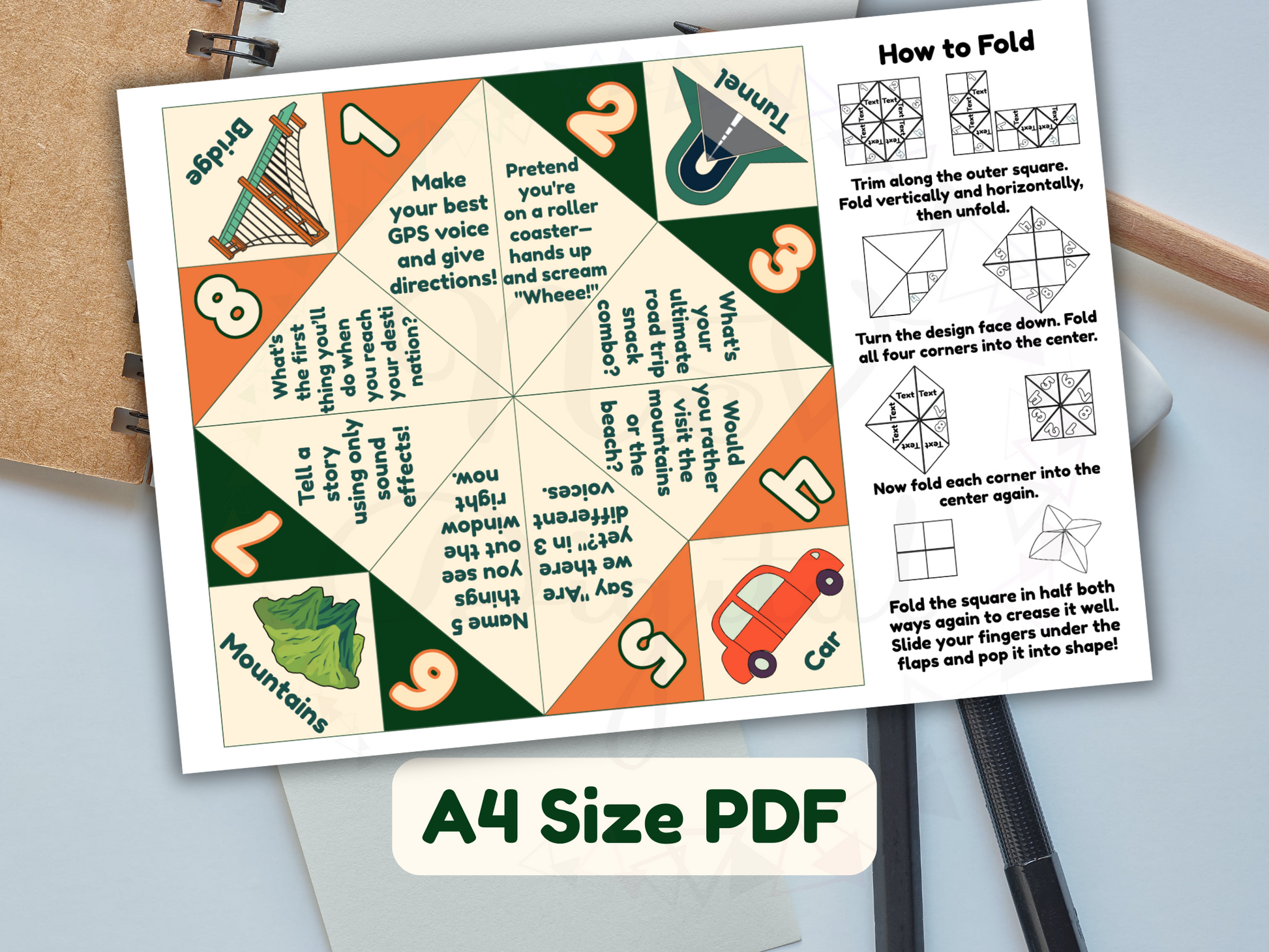 Folded cootie catcher with doodle prompts