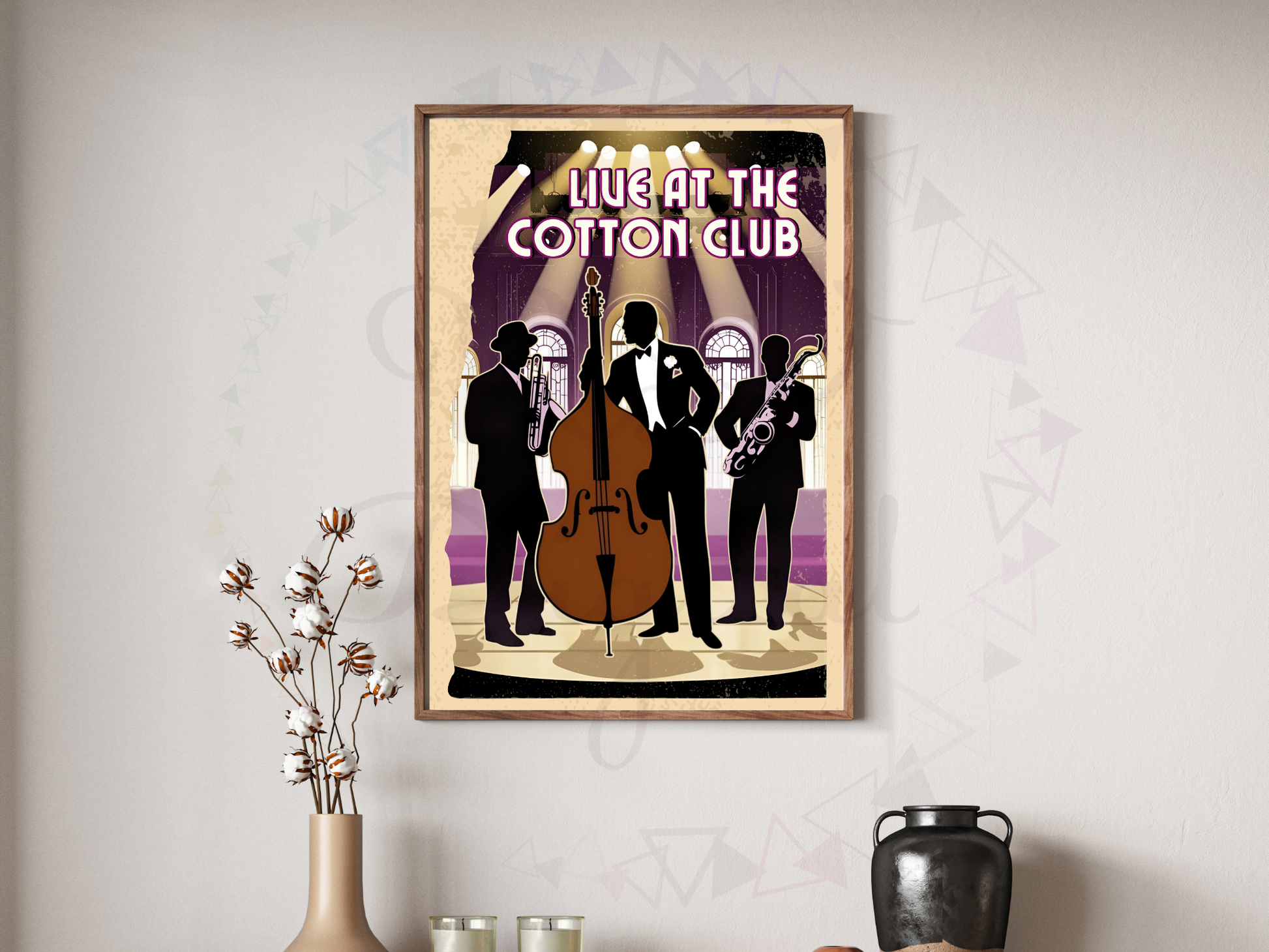 Jazz musicians in tuxedos with instruments – retro art style