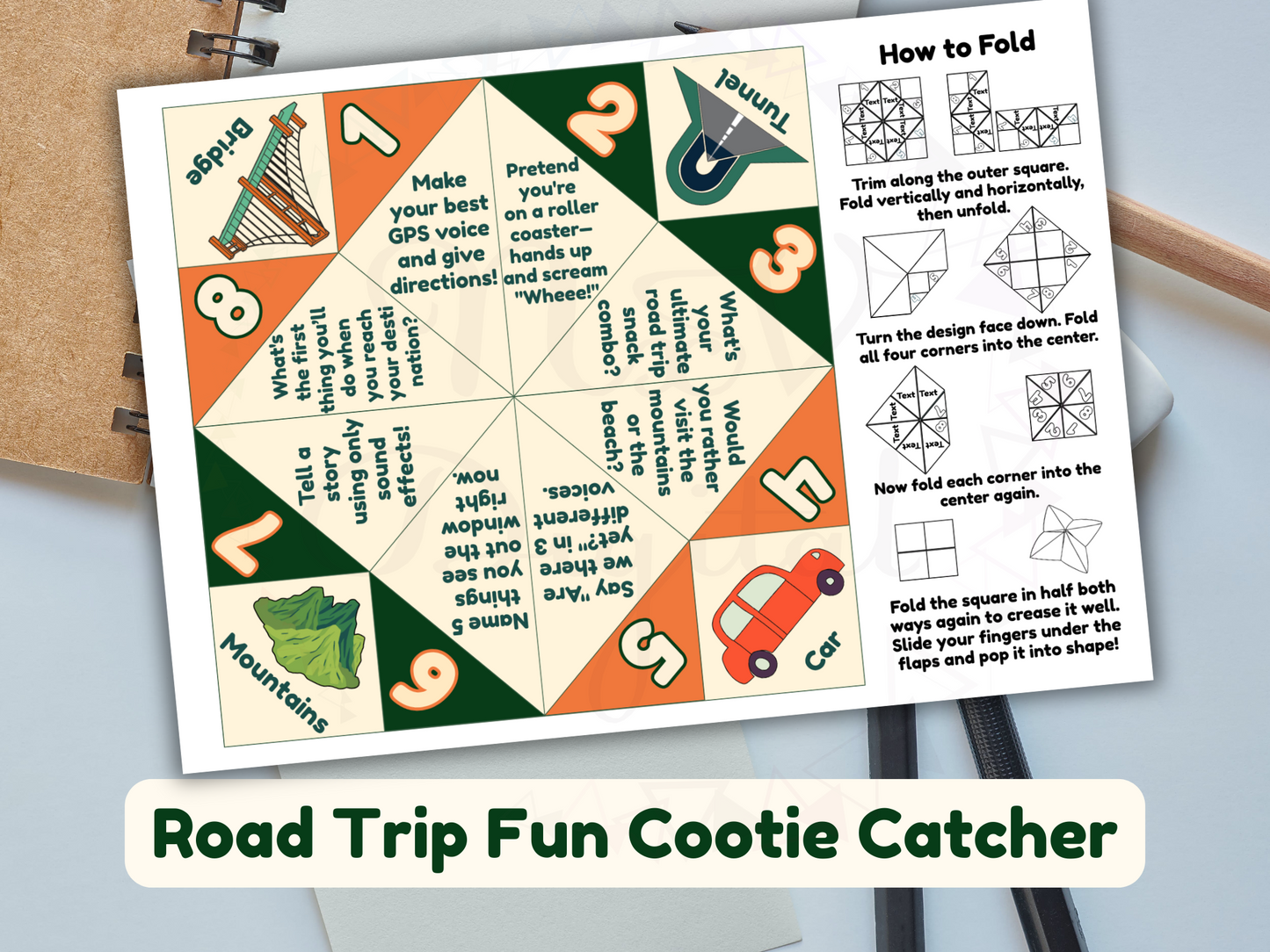 Printable road trip cootie catcher held in hand