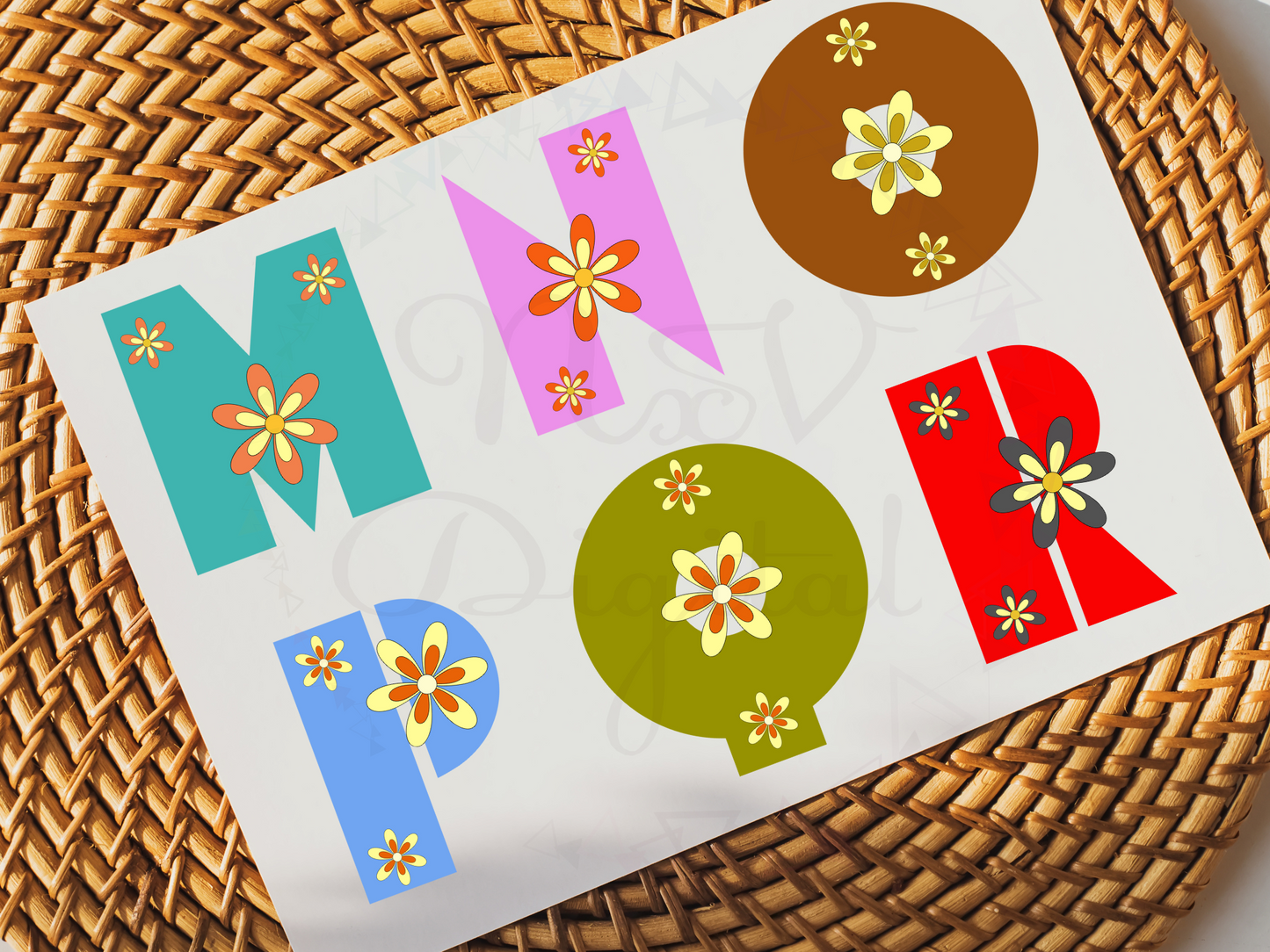 Retro Alphabet Doodle 70's Flowers Gift Tag Png