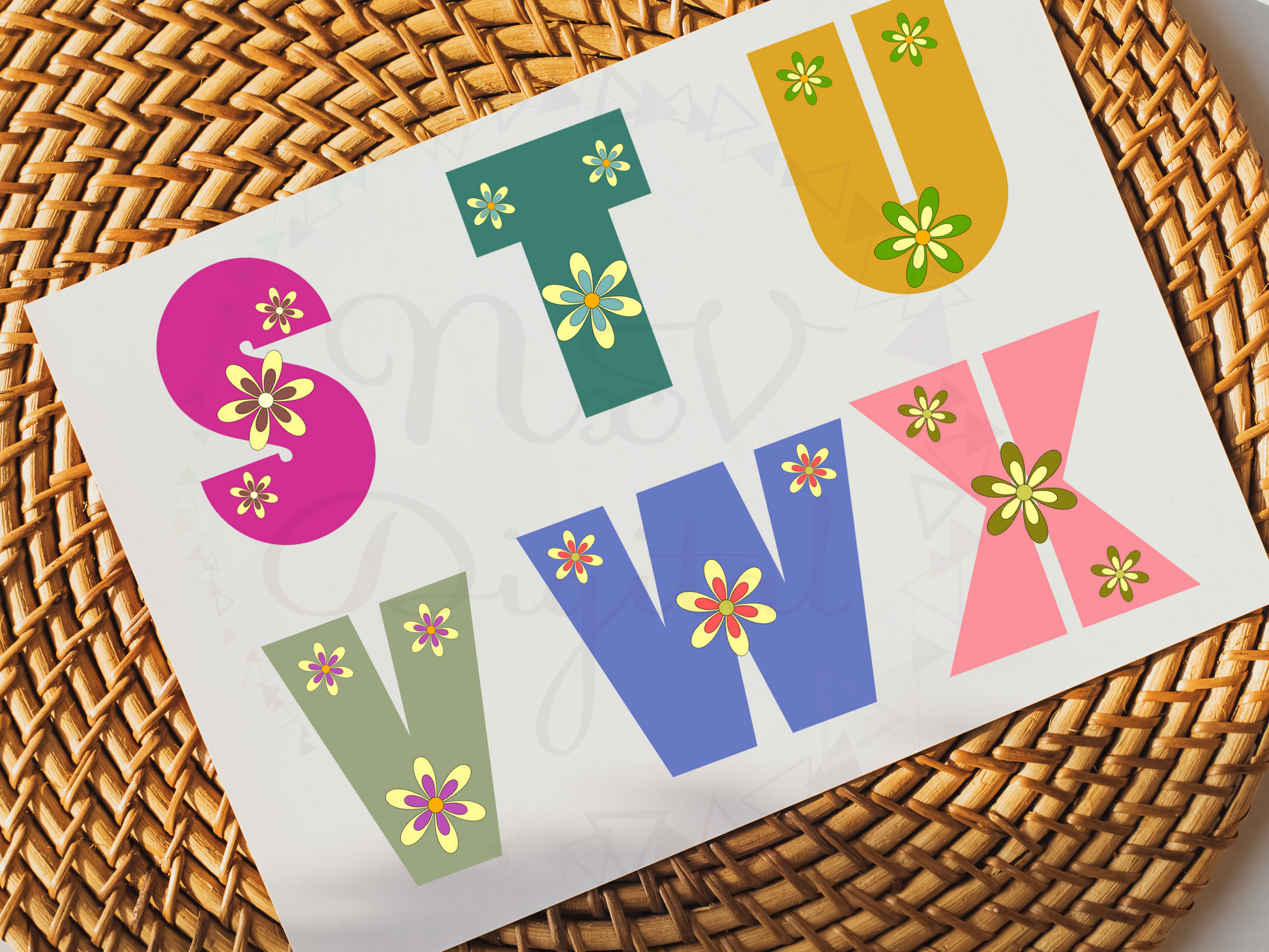 Retro Alphabet Doodle 70's Flowers Gift Tag Png