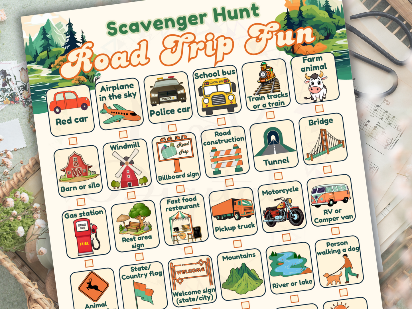 Road trip scavenger hunt printables in a book mockup

