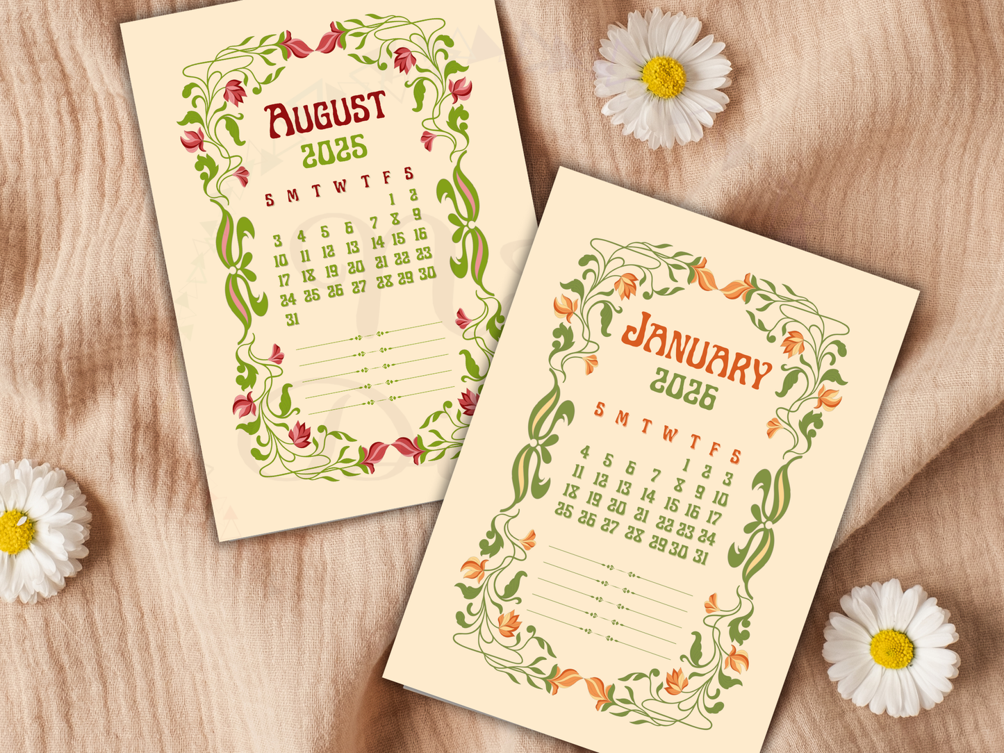 Scrapbook floral calendar printable, featuring 12 elegant Art Nouveau monthly pages for mid-year planning