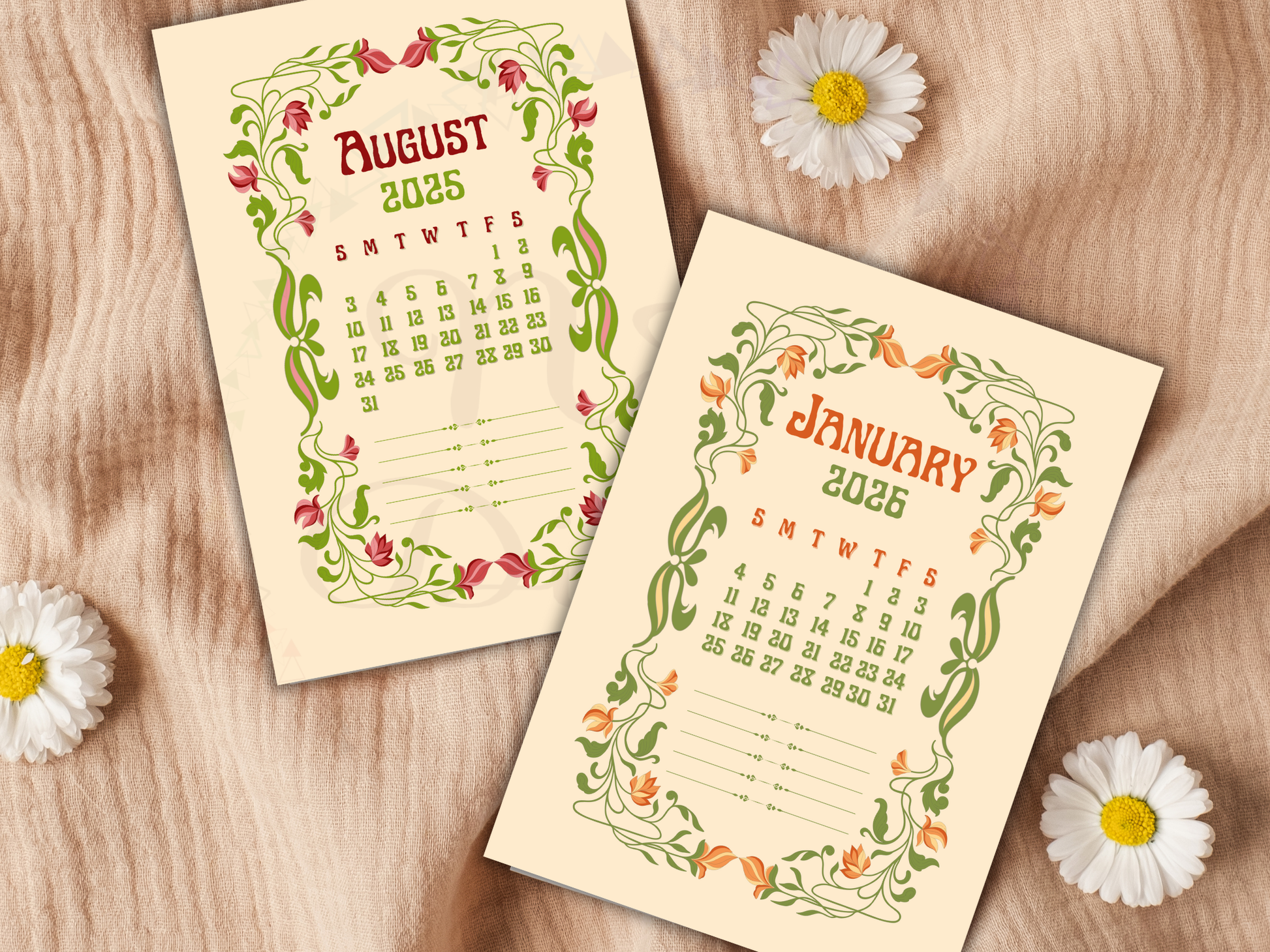 Scrapbook floral calendar printable, featuring 12 elegant Art Nouveau monthly pages for mid-year planning