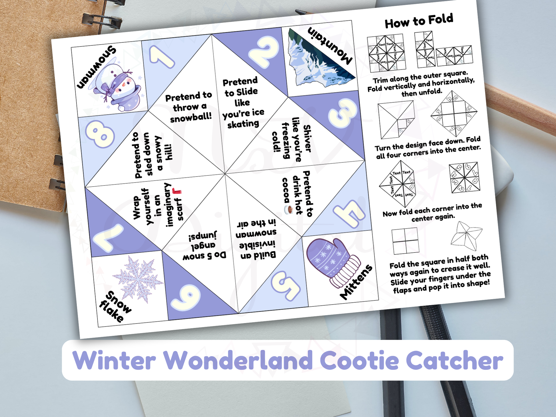 Winter Wonderland Cootie Catcher with instructions on a white background
