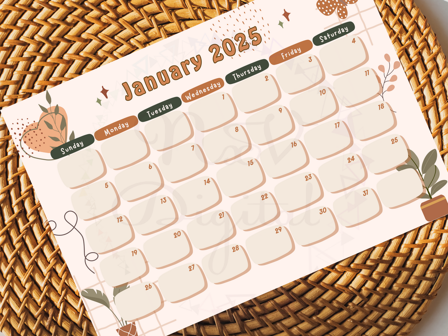 Boho Floral Monthly Planner Calendar 2025