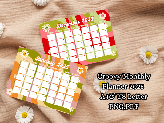 Groovy Floral Monthly Planner Calendar 2025