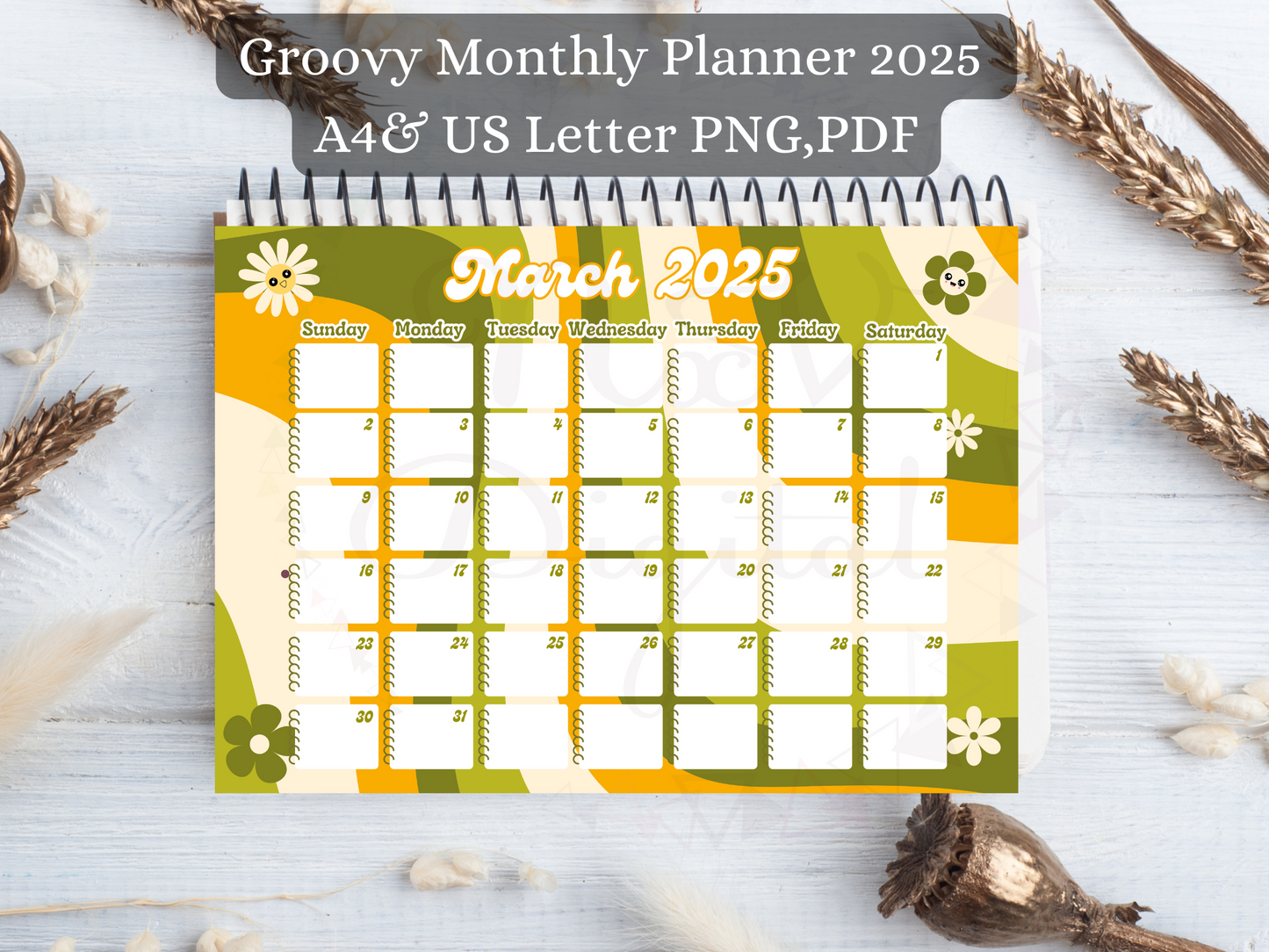 Groovy Floral Monthly Planner Calendar 2025