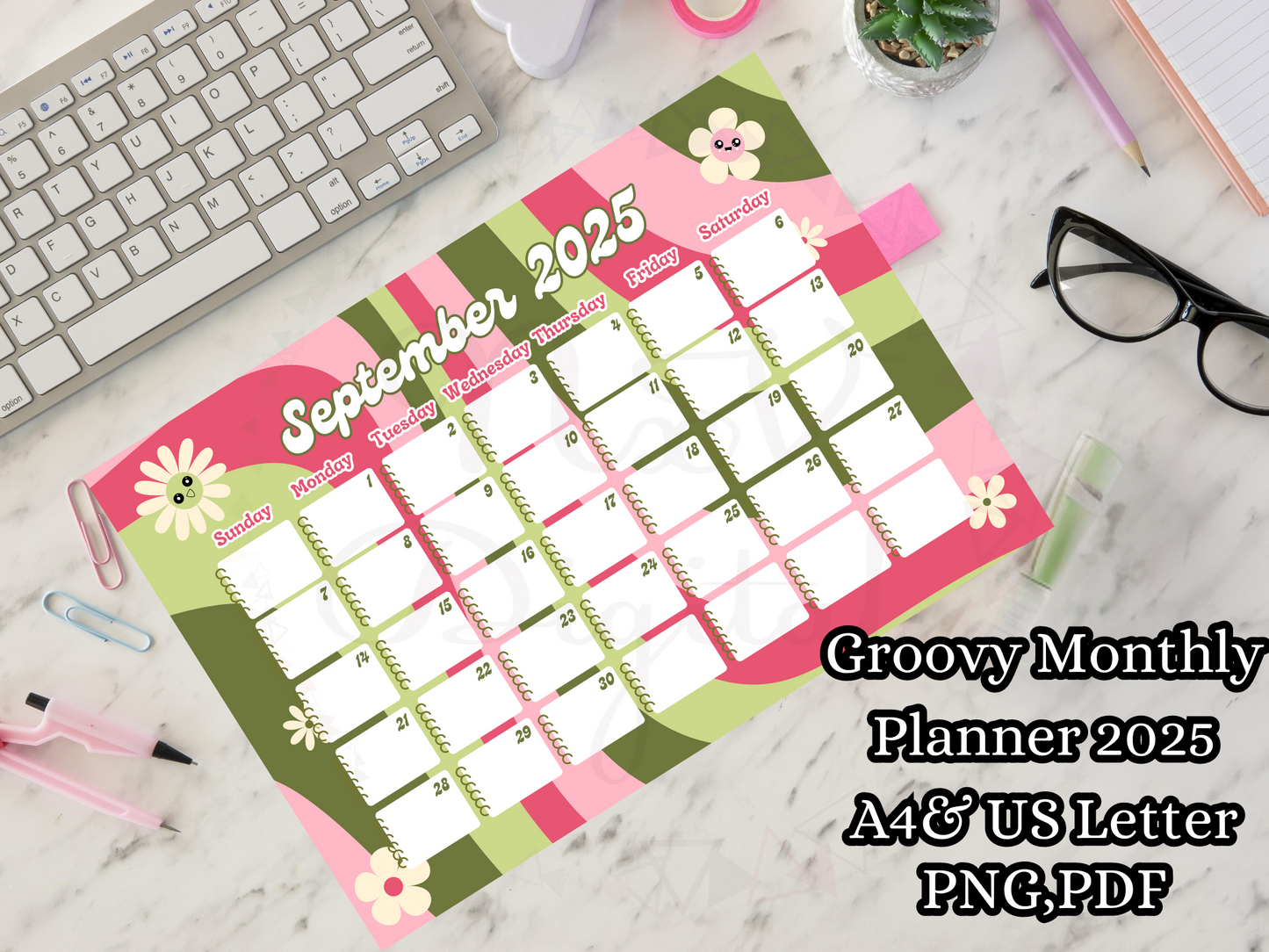 Groovy Floral Monthly Planner Calendar 2025