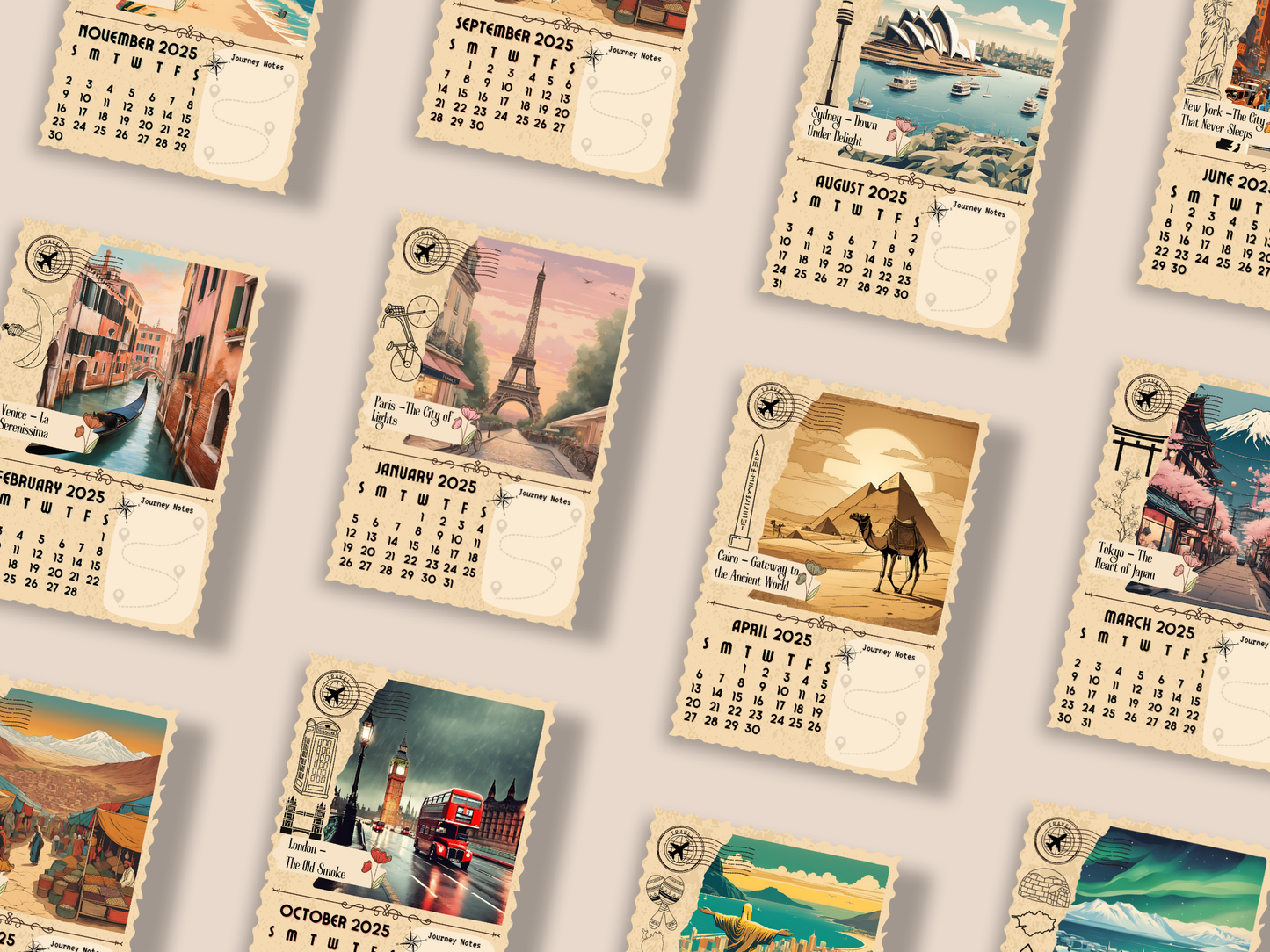 Vintage Travel-Inspired Calendar 2025